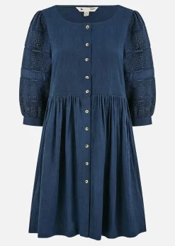 Yumi Navy Cotton Tunic With Broderie Anglaise Puff Sleeves