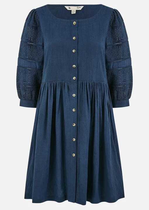Yumi Navy Cotton Tunic With Broderie Anglaise Puff Sleeves