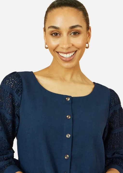 Yumi Navy Cotton Tunic With Broderie Anglaise Puff Sleeves