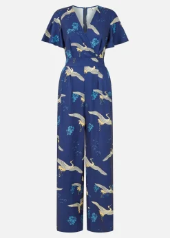 Yumi Navy Crane Print Angel Sleeve Jumpsuit