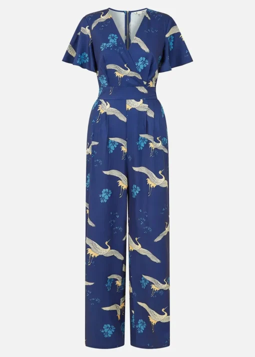 Yumi Navy Crane Print Angel Sleeve Jumpsuit