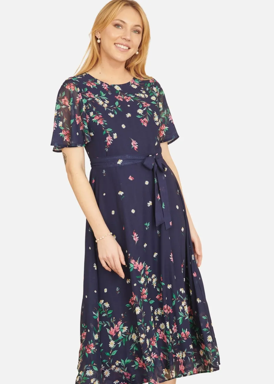 Yumi Navy Daisy Mirror Placement Skater Dress With Angel Sleeves