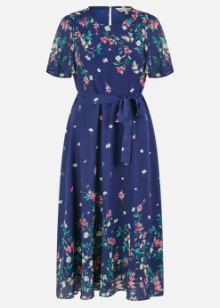 Yumi Navy Daisy Mirror Placement Skater Dress With Angel Sleeves