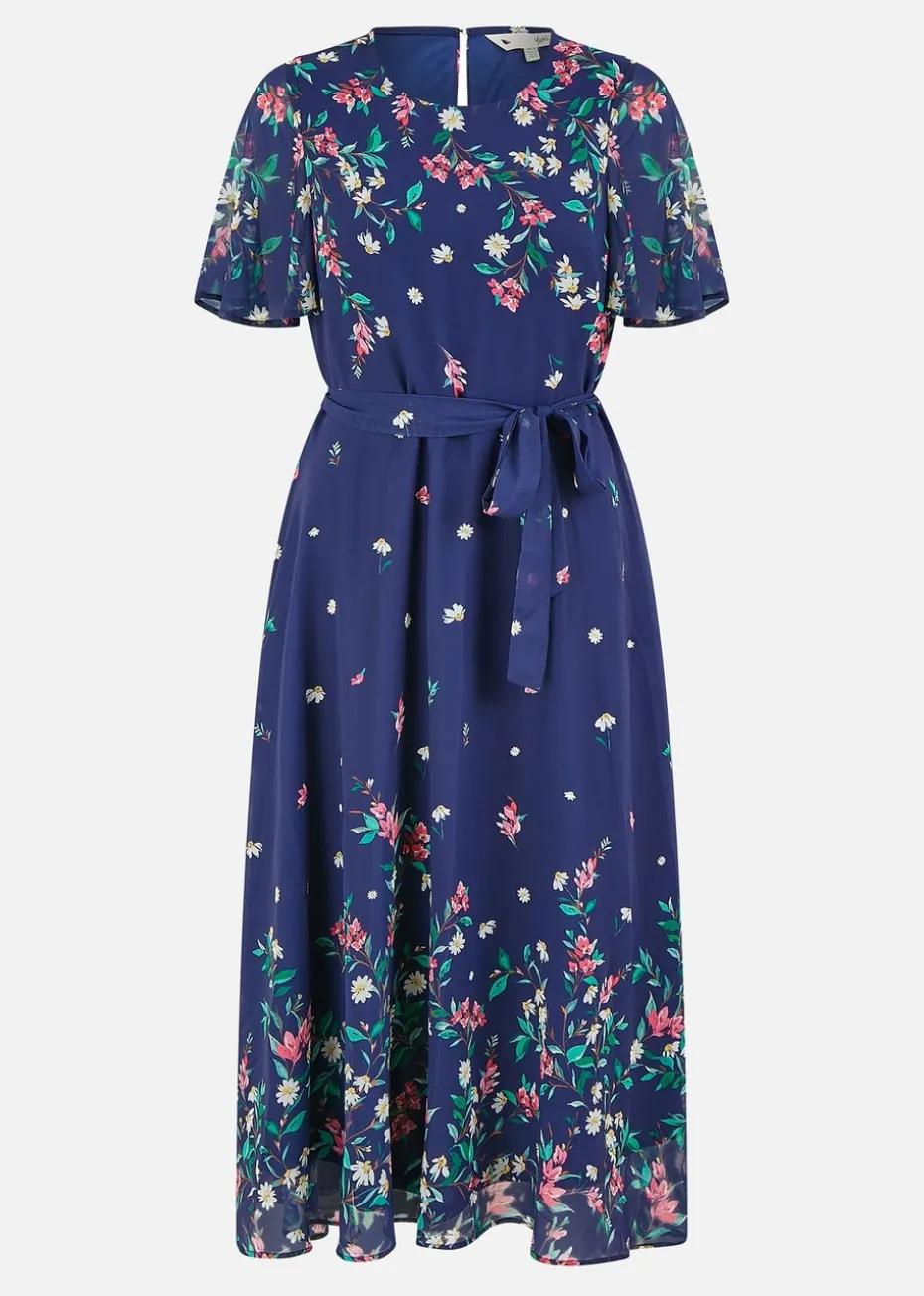 Yumi Navy Daisy Mirror Placement Skater Dress With Angel Sleeves