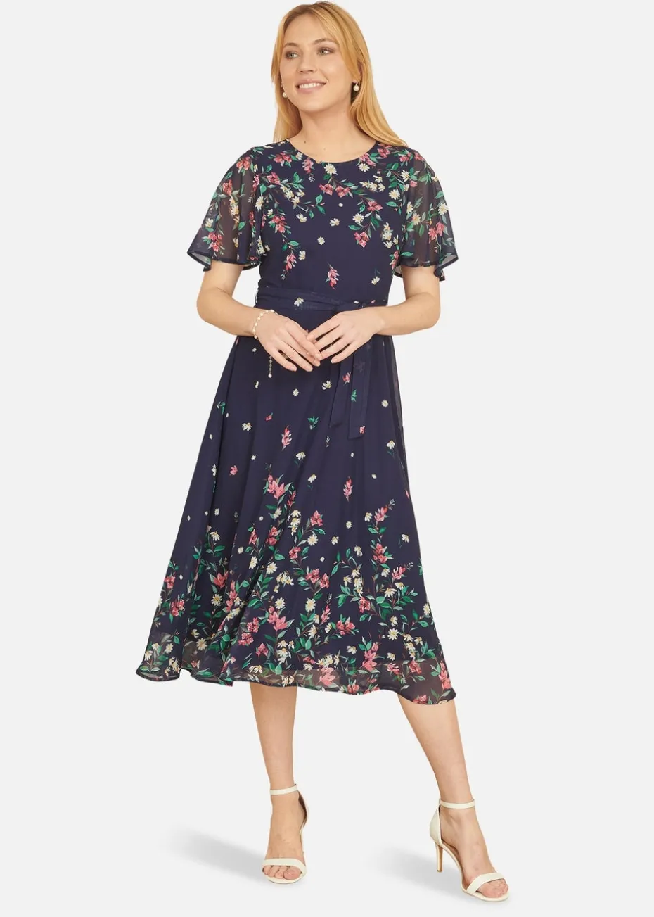 Yumi Navy Daisy Mirror Placement Skater Dress With Angel Sleeves