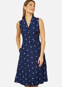 Yumi Navy Daisy Print Sleeveless Shirt Dress