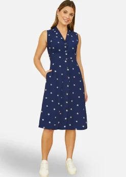 Yumi Navy Daisy Print Sleeveless Shirt Dress