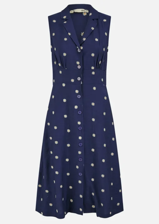 Yumi Navy Daisy Print Sleeveless Shirt Dress