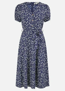 Yumi Navy Ditsy Floral Midi Shirt Dress