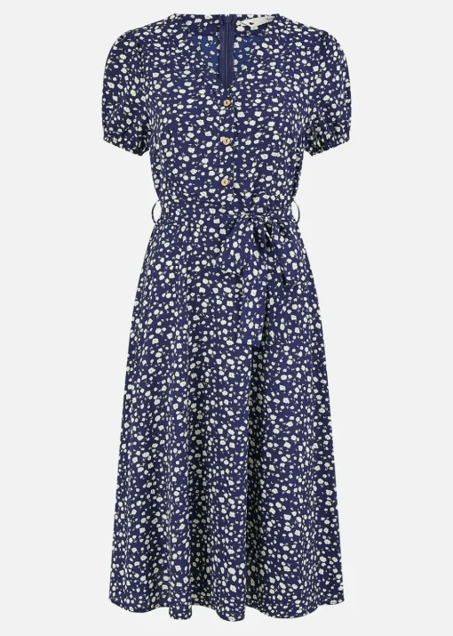 Yumi Navy Ditsy Floral Midi Shirt Dress
