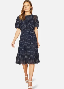 Yumi Navy Dot Print Mesh Stretch Midi Skater Dress