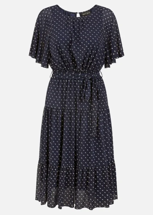 Yumi Navy Dot Print Mesh Stretch Midi Skater Dress