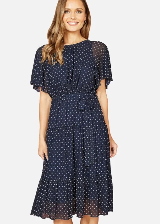 Yumi Navy Dot Print Mesh Stretch Midi Skater Dress