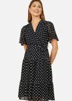 Yumi Navy Dot Print V-Neck Midi Skater Dress
