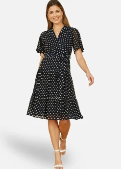 Yumi Navy Dot Print V-Neck Midi Skater Dress