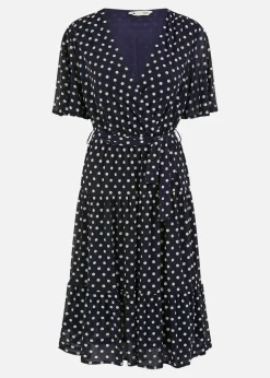 Yumi Navy Dot Print V-Neck Midi Skater Dress
