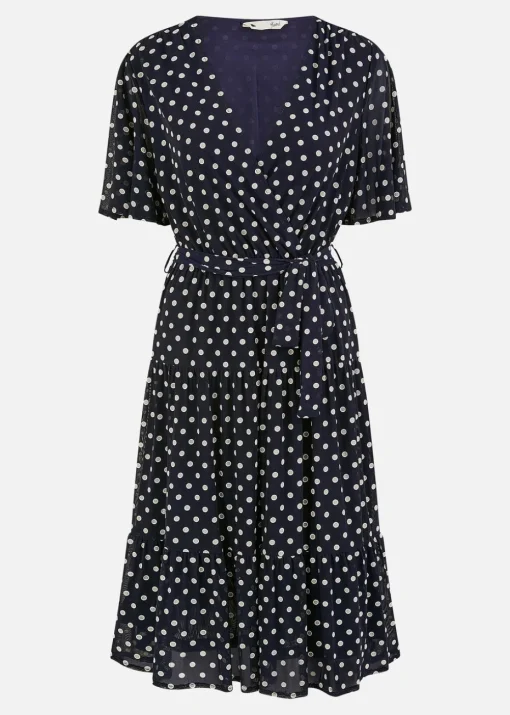 Yumi Navy Dot Print V-Neck Midi Skater Dress