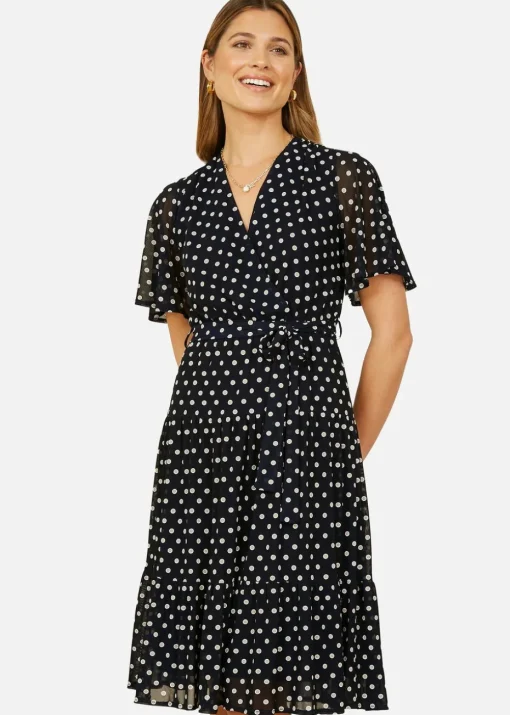 Yumi Navy Dot Print V-Neck Midi Skater Dress