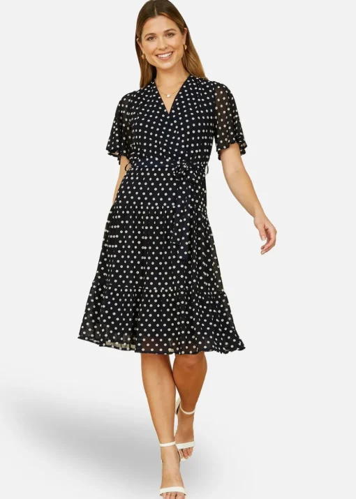Yumi Navy Dot Print V-Neck Midi Skater Dress