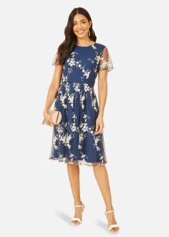 Yumi Navy Embroidered Floral Skater Dress