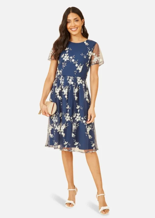 Yumi Navy Embroidered Floral Skater Dress