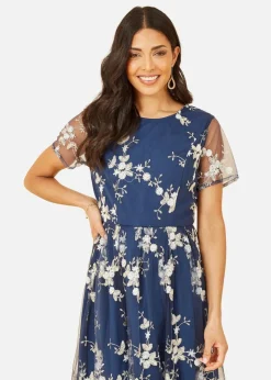 Yumi Navy Embroidered Floral Skater Dress