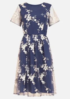 Yumi Navy Embroidered Floral Skater Dress