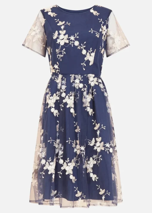 Yumi Navy Embroidered Floral Skater Dress