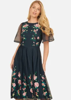 Yumi Navy Embroidered Long Mesh Sleeve Prom Skater Dress