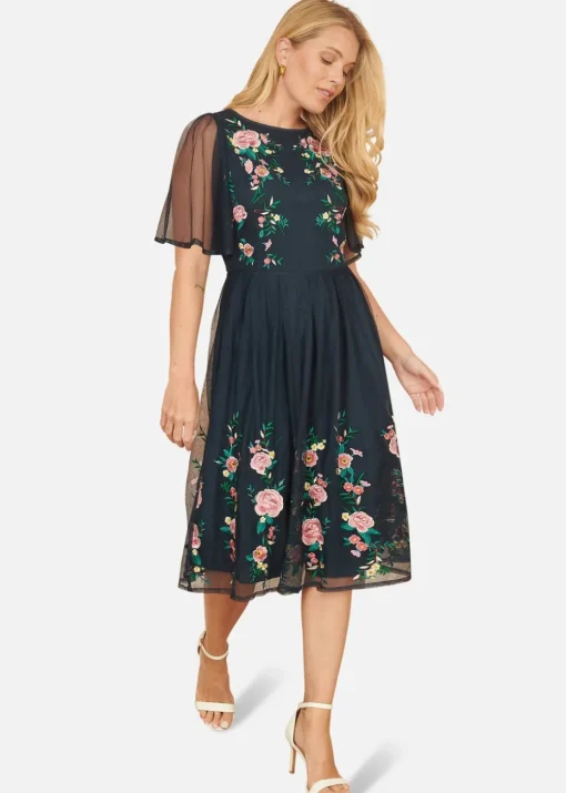 Yumi Navy Embroidered Long Mesh Sleeve Prom Skater Dress