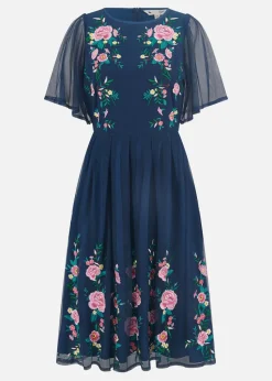 Yumi Navy Embroidered Long Mesh Sleeve Prom Skater Dress