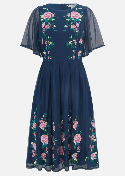 Yumi Navy Embroidered Long Mesh Sleeve Prom Skater Dress