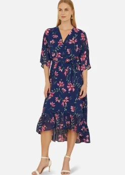Yumi Navy Floral Kimono Dipped Hem Dress