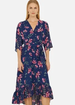 Yumi Navy Floral Kimono Dipped Hem Dress
