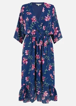 Yumi Navy Floral Kimono Dipped Hem Dress