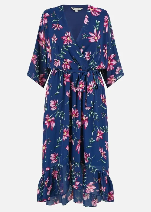 Yumi Navy Floral Kimono Dipped Hem Dress