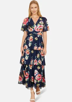 Yumi Navy Floral Mesh Tiered Maxi Dress