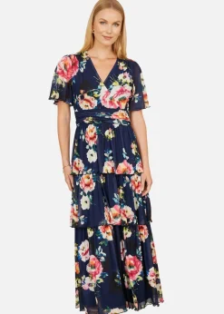 Yumi Navy Floral Mesh Tiered Maxi Dress