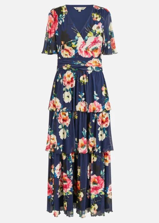 Yumi Navy Floral Mesh Tiered Maxi Dress