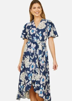 Yumi Navy Floral Midi Wrap Dress