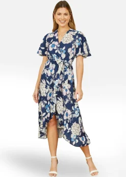 Yumi Navy Floral Midi Wrap Dress