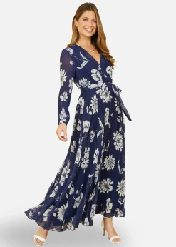 Yumi Navy Floral Pleated Midi Wrap Long Sleeve Dress