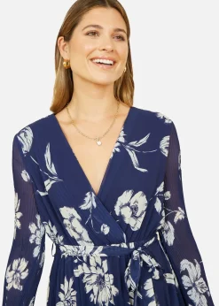 Yumi Navy Floral Pleated Midi Wrap Long Sleeve Dress