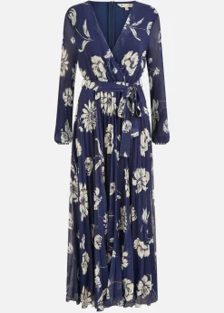 Yumi Navy Floral Pleated Midi Wrap Long Sleeve Dress