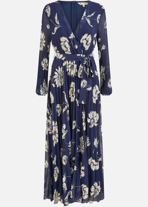 Yumi Navy Floral Pleated Midi Wrap Long Sleeve Dress