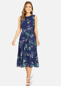 Yumi Navy Floral Print Midi Skater Dress