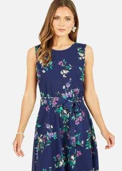 Yumi Navy Floral Print Midi Skater Dress