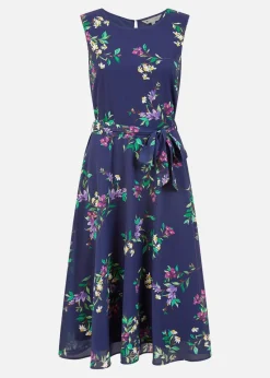 Yumi Navy Floral Print Midi Skater Dress