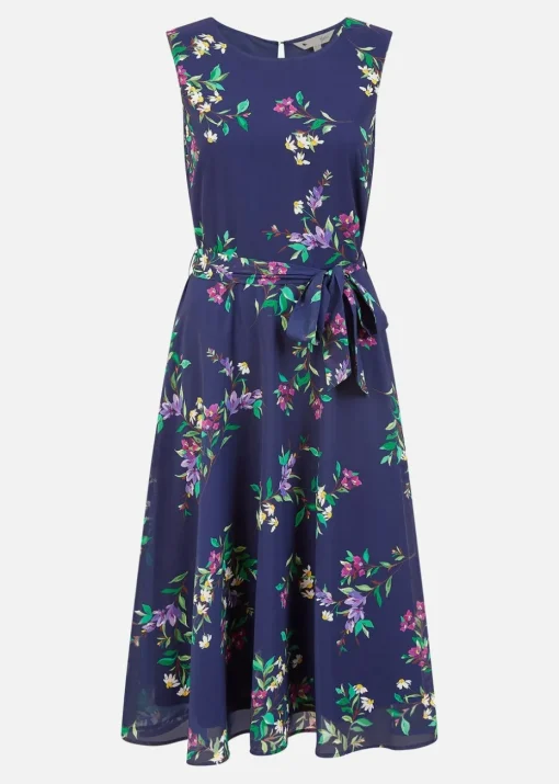 Yumi Navy Floral Print Midi Skater Dress