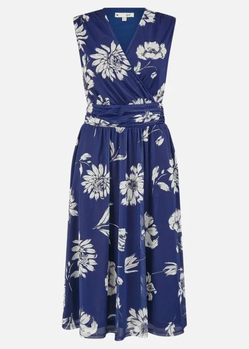 Yumi Navy Floral Print Stretch Mesh Dress With Pockets